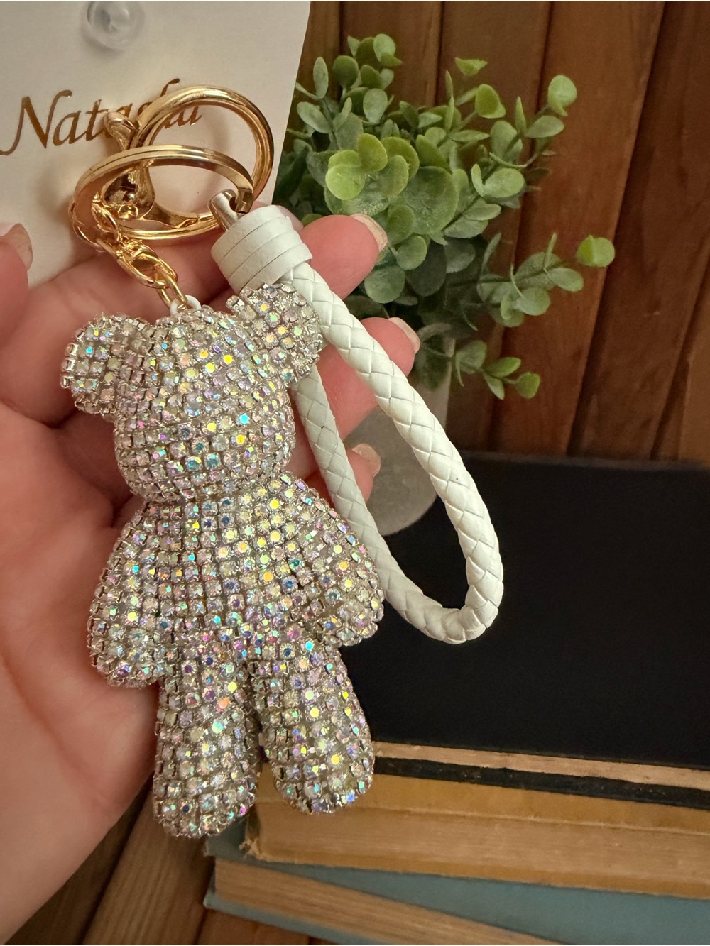 Natasha Iridescent Crystal Teddy Bear Keychain with White Wrist Strap - Picture 3 of 4